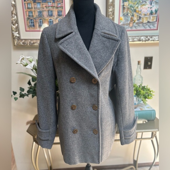 LANDS END WOOL GRAY CLASSIC TAILORED DOUBLE BREASTED NAUTICAL PEA COAT SZ 12 - Picture 2 of 13